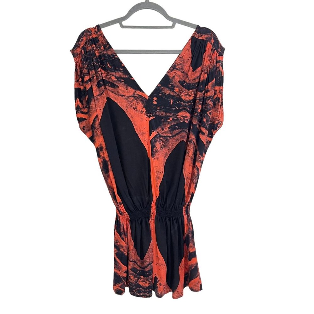 Luna May Handmade Black & Orange Abstract Print Rayon V-Neck Mini Dress Size S